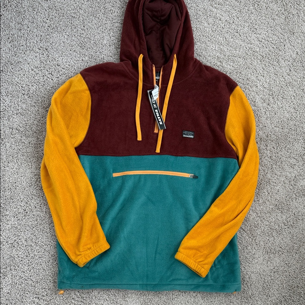 Colorblock Hoodie with Burgundy, Teal, and Mustard